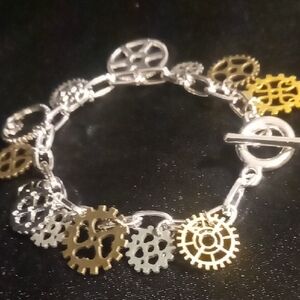 Silver and Gold Gear Charm Bracelet